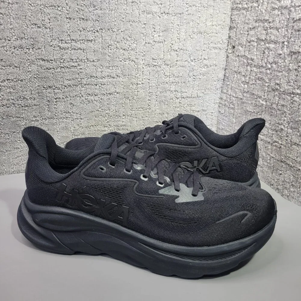 Hoka One One Clifton 10 Womens Size US 12B Triple Black Lace-Up Sneaker Shoes